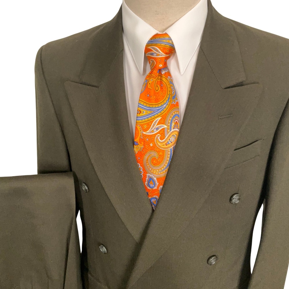 Oleg Cassini Suit Mens 36R Olive Green Double Breasted Herringbone Dapper VTG
